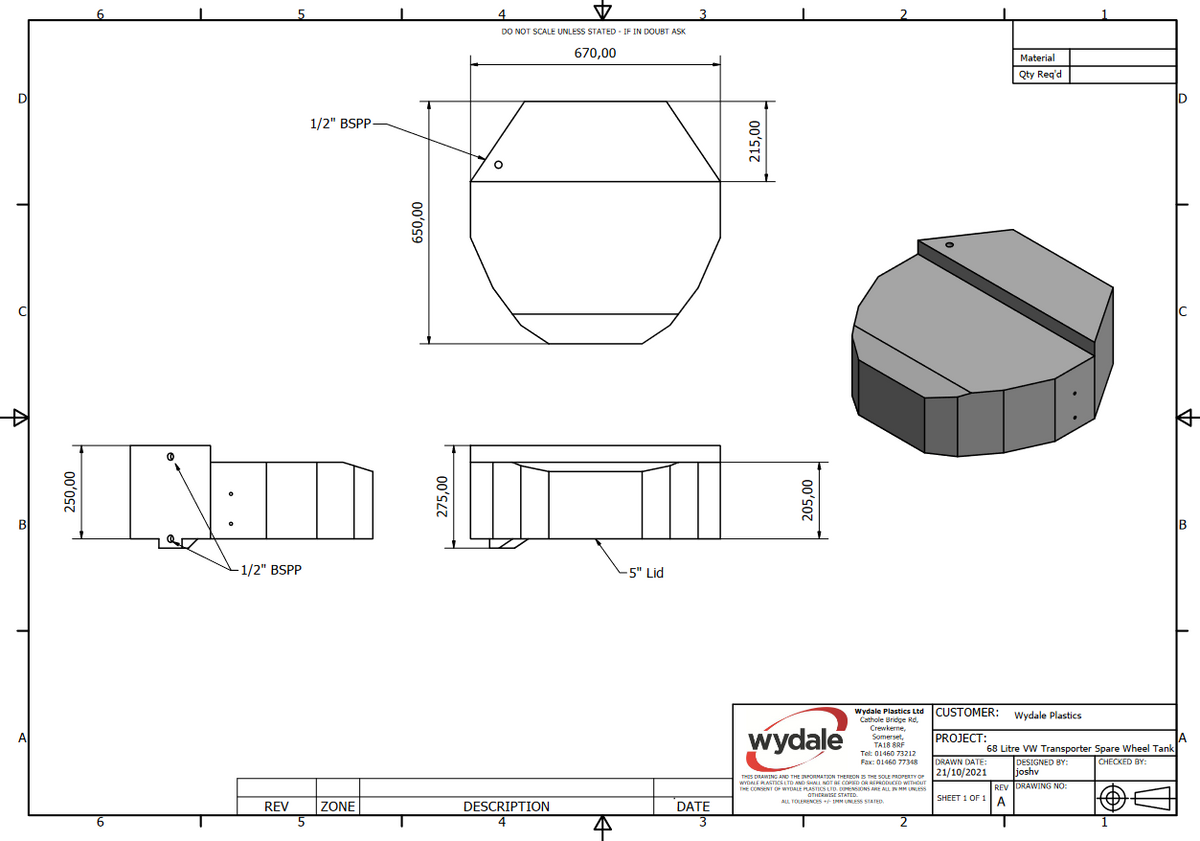 Wydale 68 litre VW Transporter spare wheel water tank technical drawing showing dimensions and connection points
