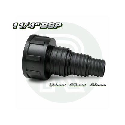 1 1/4 inch BSP female water tank connector with stepped 20mm, 25mm and 32mm hose tail