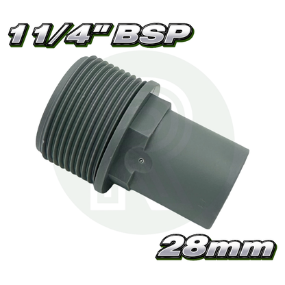 Grey 1¼ inch BSP male threaded tank connector with 28mm plain tail connection