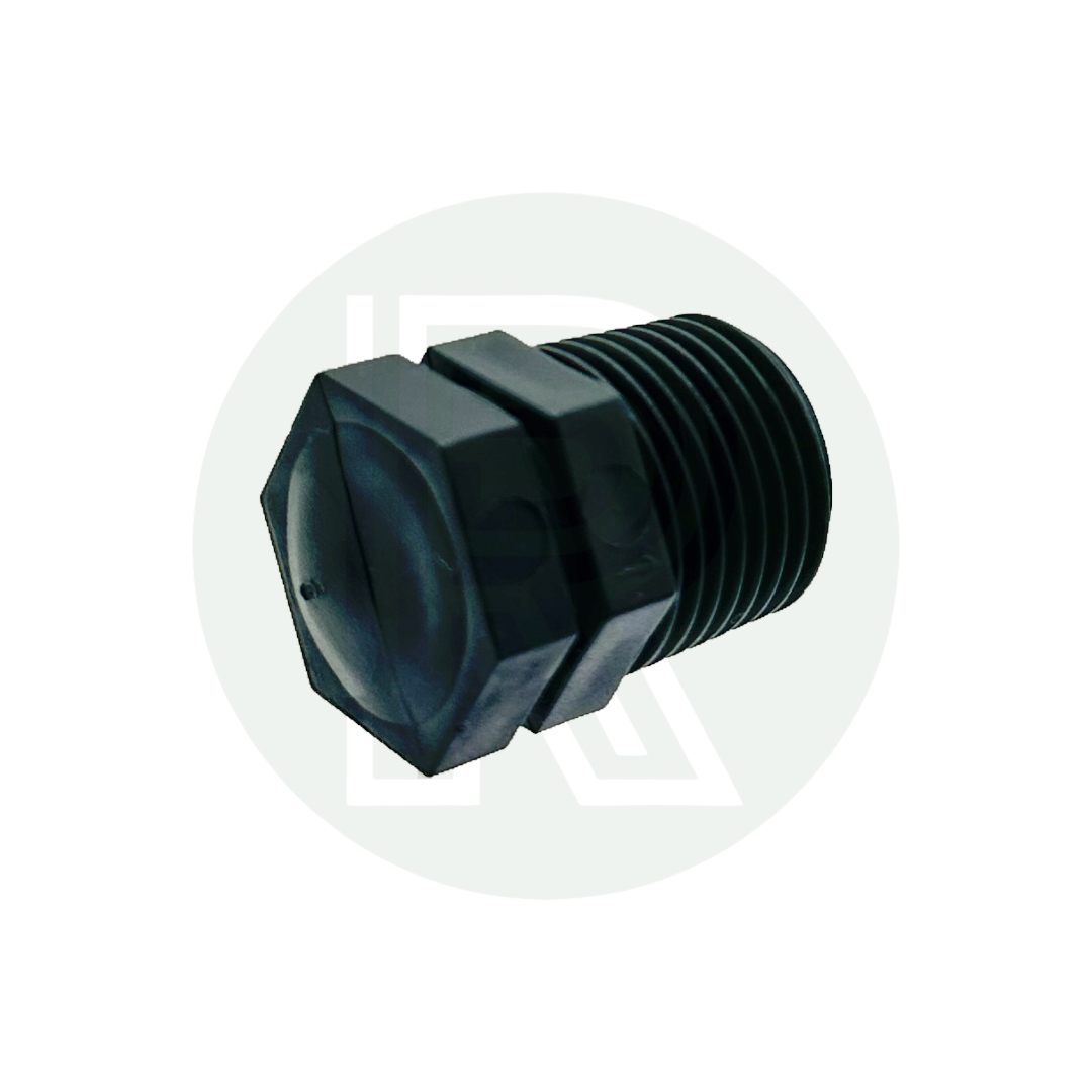 1/2-inch BSP male black blanking plug bung for sealing water tanks, plumbing fittings, and threaded outlets.