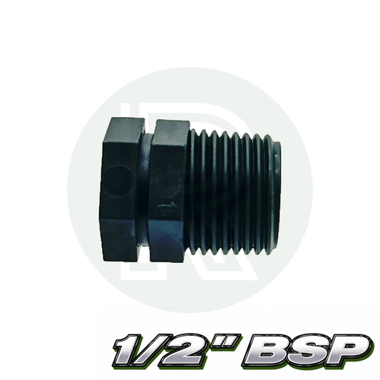 1/2” BSP male black plastic blanking plug for capping threaded pipe and tank connections.
