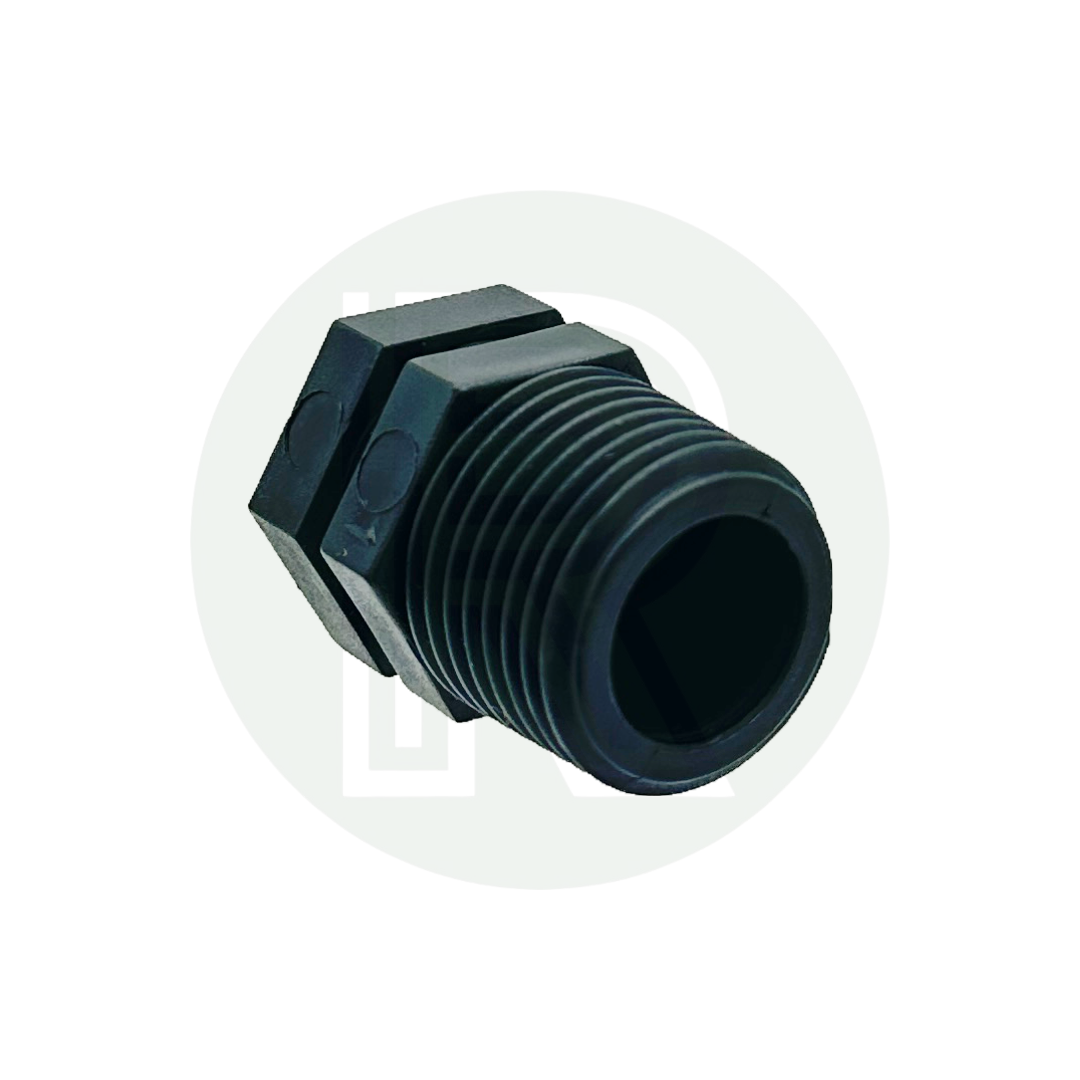 Black threaded bung plug with 1/2-inch BSP male thread used to seal plumbing and tank fittings.
