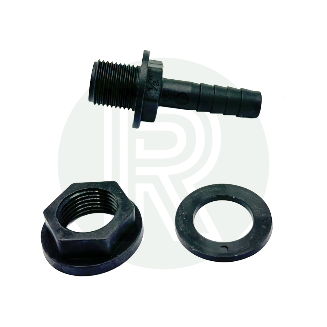 1/2 inch BSP to 12mm hose tail fitting with nut and washer for water tank
