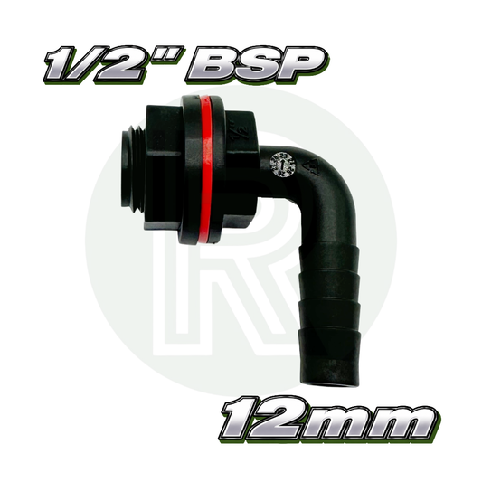 1/2 inch BSP 12mm hose tail elbow water tank connector fitting black plastic