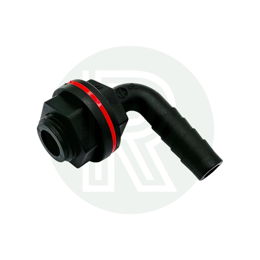 1/2 inch BSP to 12mm hose tail elbow water tank fitting with red sealing ring