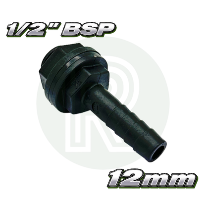 1/2 inch BSP to 12mm hose tail tank fitting black straight connector