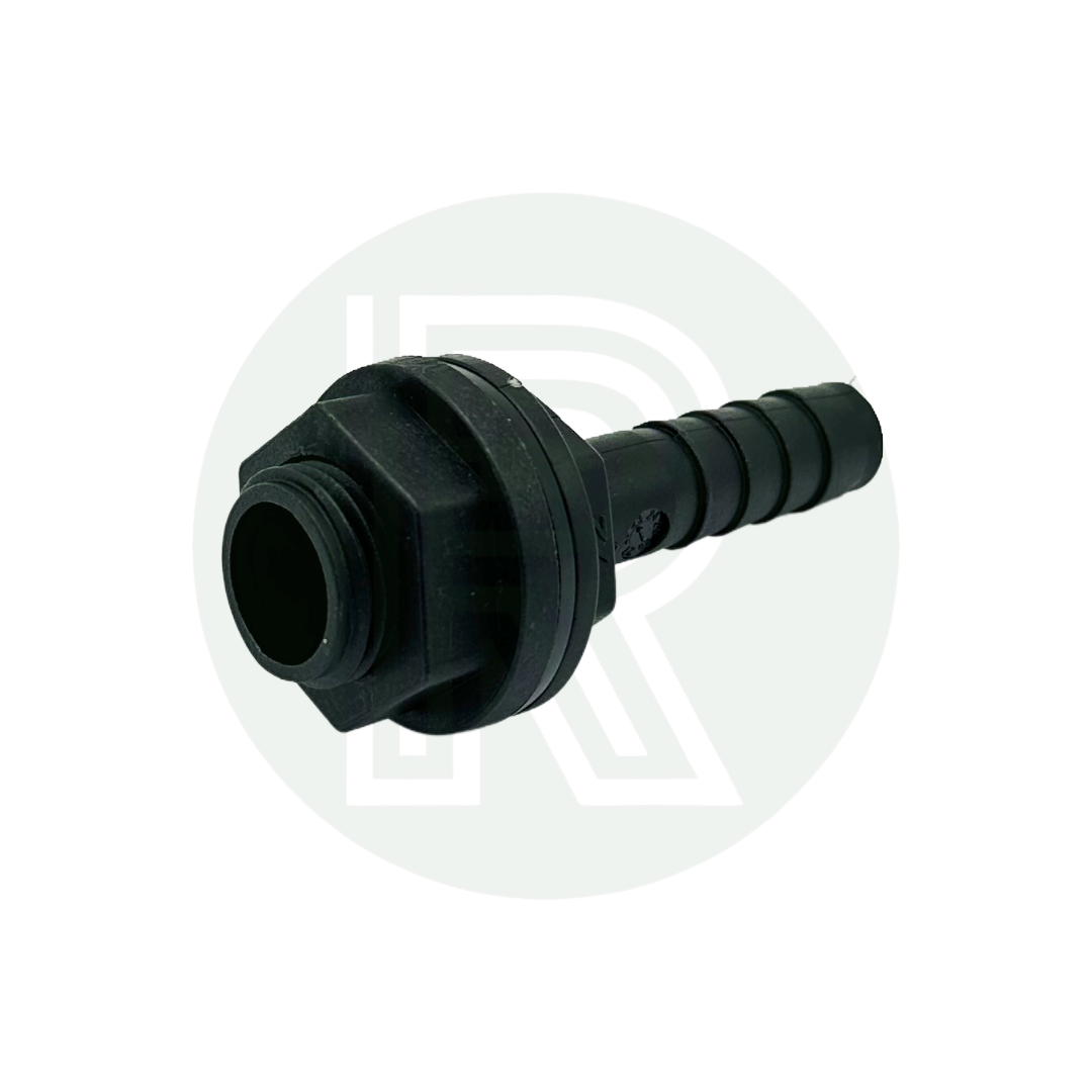 1/2 inch BSP to 12mm hose tail straight water tank connector black plastic