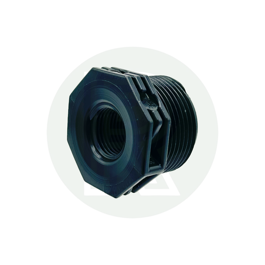 1 1/4-inch BSP male to 1/2-inch BSP female black reducing bush for plumbing, water tanks, and irrigation systems.