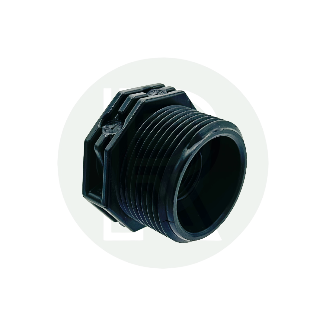 Black threaded reducing bush with 1 1/4-inch BSP male thread and 1/2-inch BSP female thread used for adapting plumbing connections.