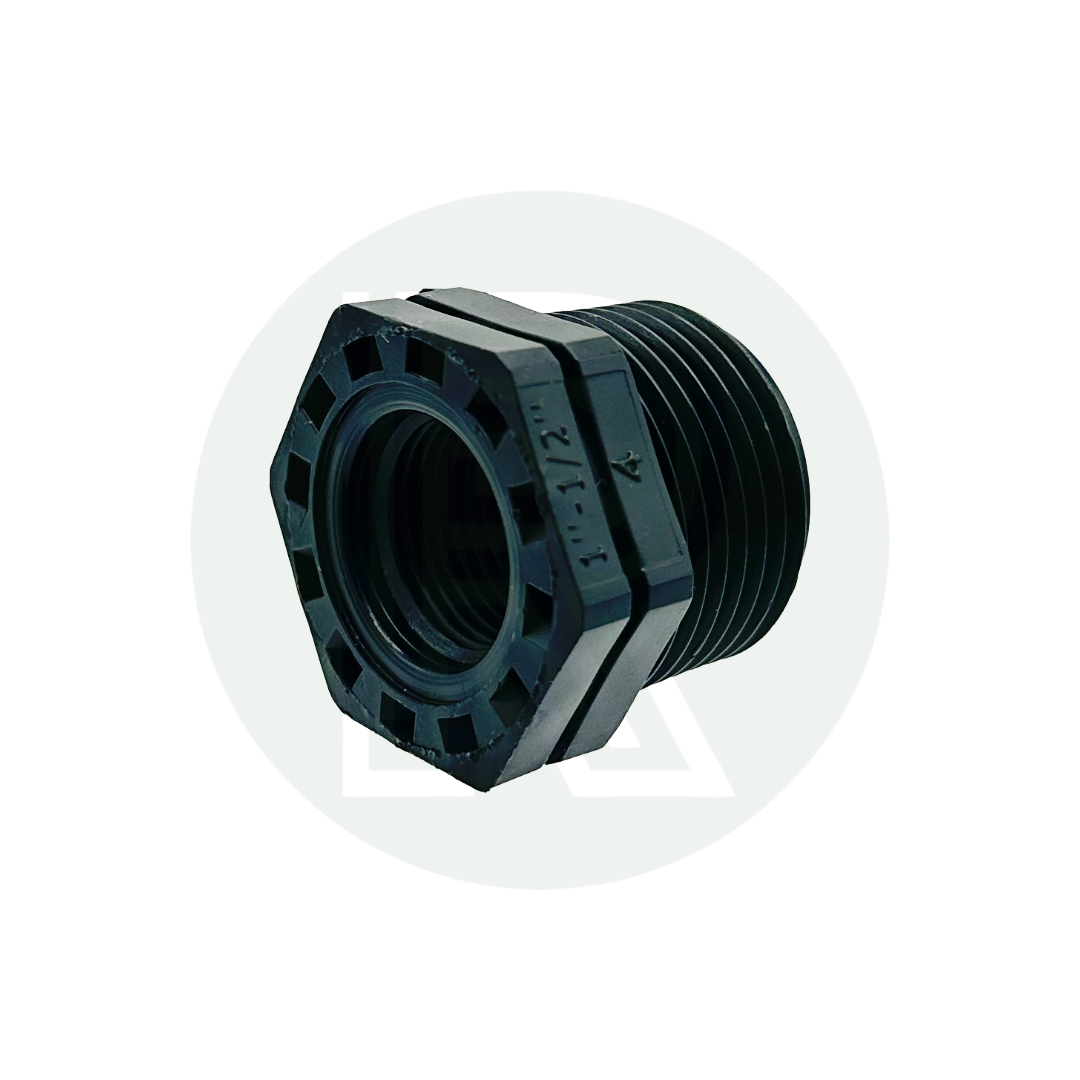 1-inch BSP male to 1/2-inch BSP female black reducing bush for plumbing, water tanks, and irrigation systems.