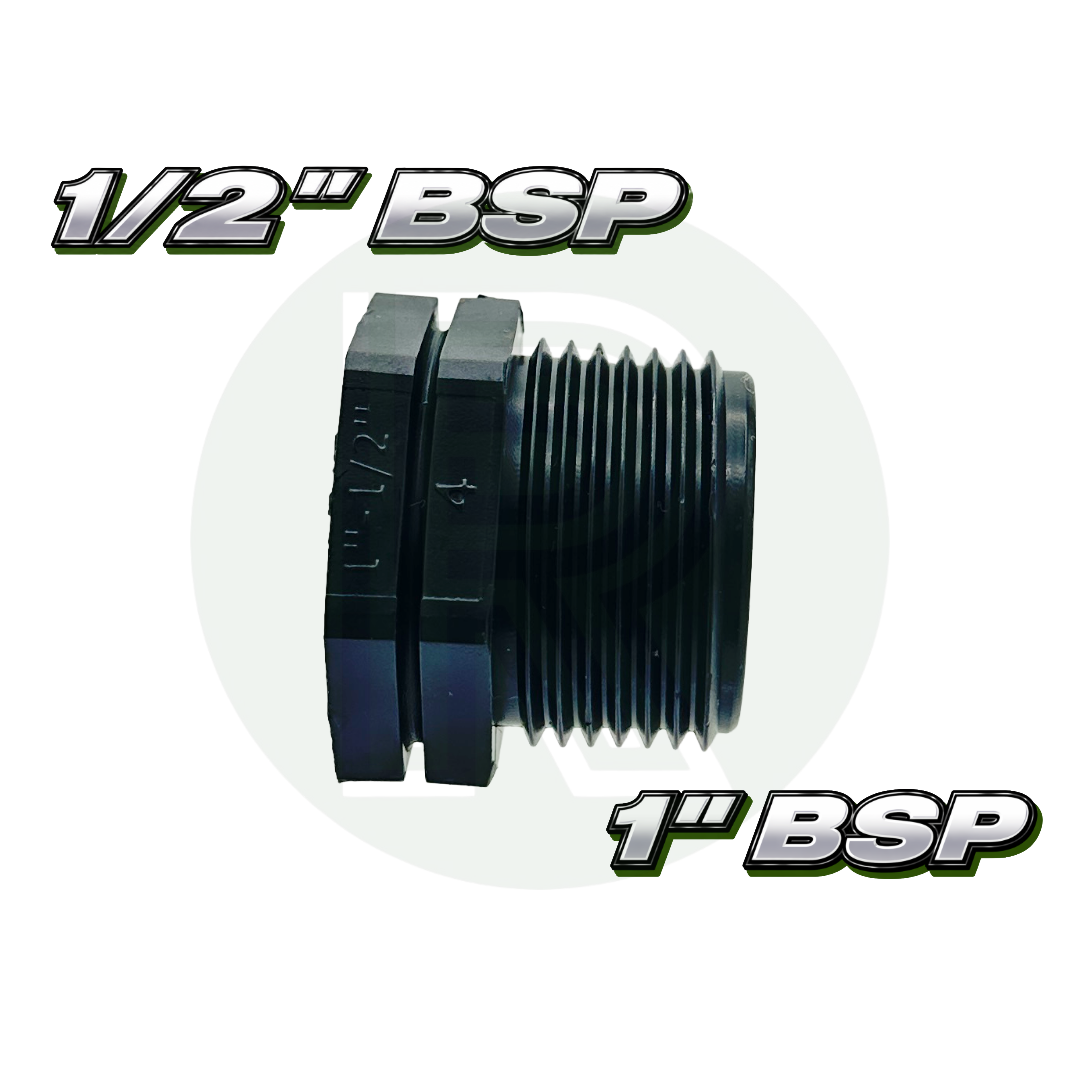 1” BSP male x 1/2” BSP female reducing bush adapter made from durable black plastic.