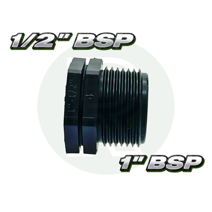 1” BSP male x 1/2” BSP female reducing bush adapter made from durable black plastic.