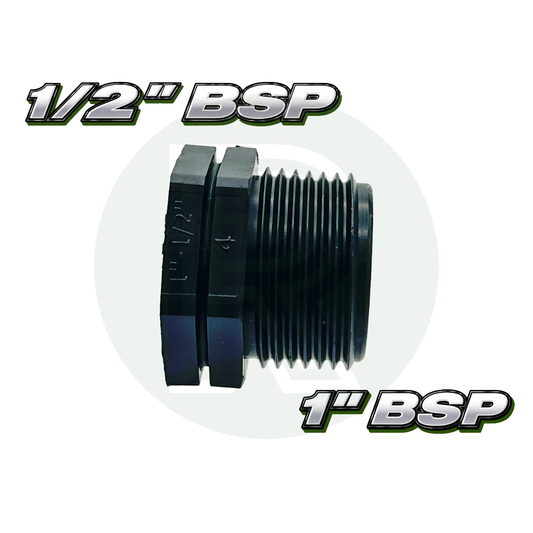 1” BSP male x 1/2” BSP female reducing bush adapter made from durable black plastic.