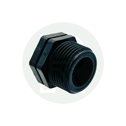 Black threaded reducing bush with 1-inch BSP male thread and 1/2-inch BSP female thread used for adapting plumbing connections.
