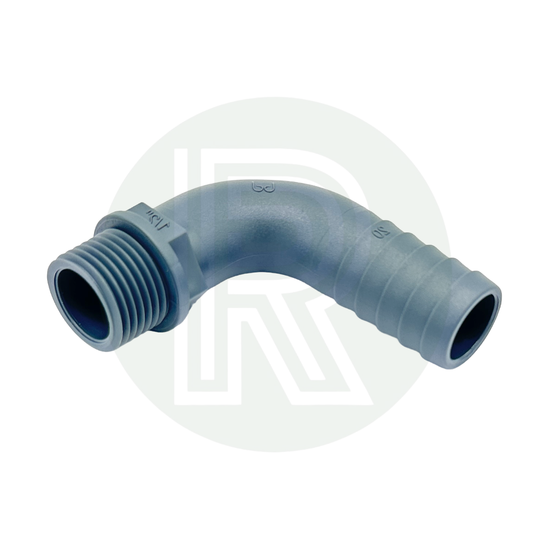 1/2" BSP Male to 3/4" (20mm) Male Grey 90 Degree Barbed Hose Tail