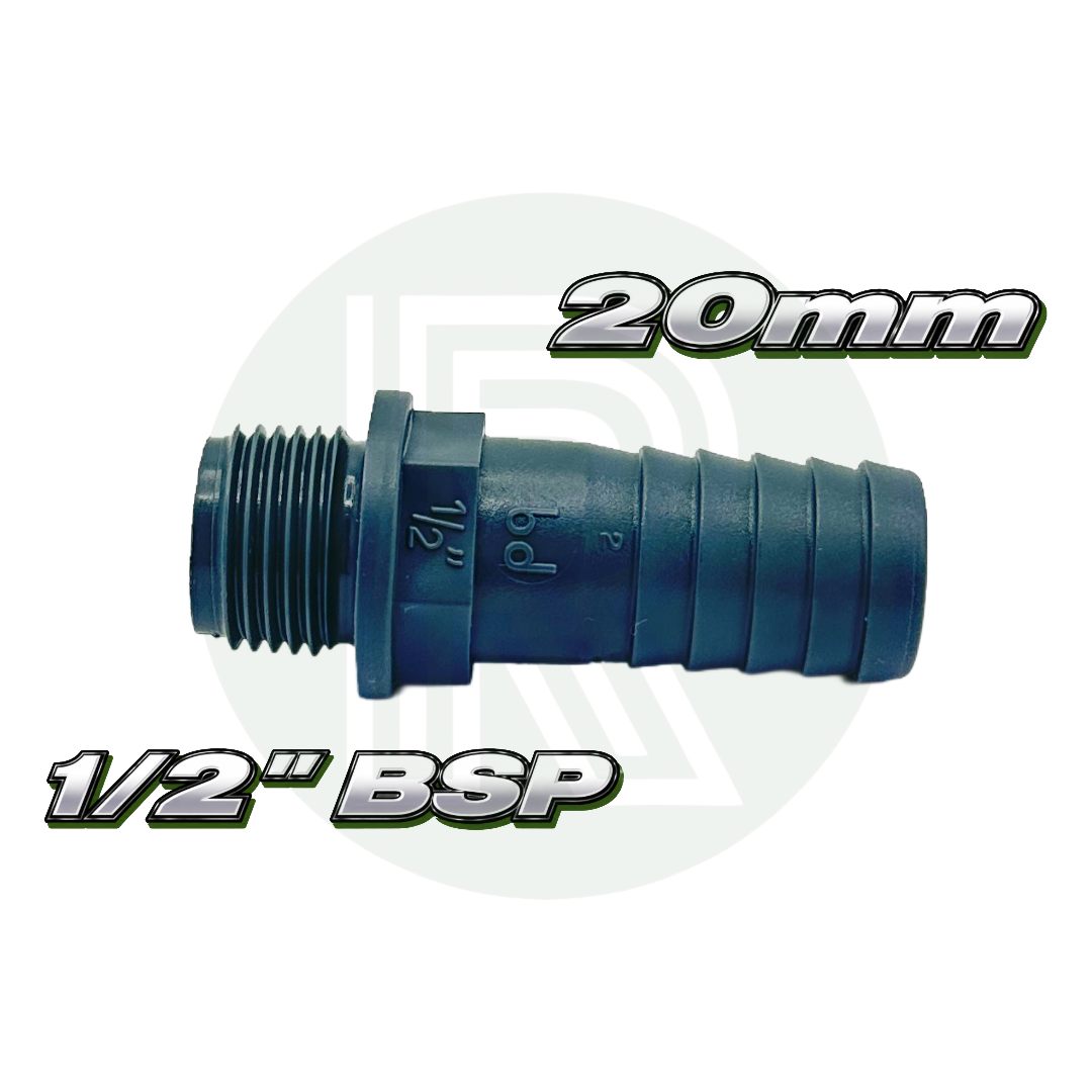 Plastic grey hosetail adapter featuring a 1/2-inch BSP male thread and stepped 20mm hose barb.