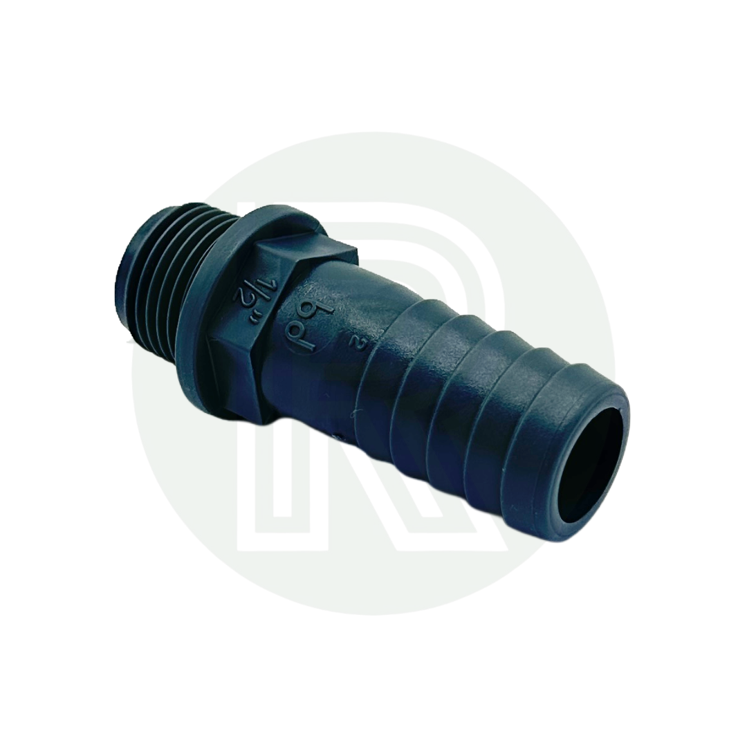 1/2-inch BSP male threaded to 20mm barbed hosetail connector made from durable grey polypropylene.