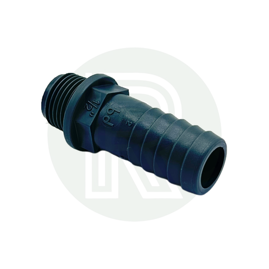 1/2-inch BSP male threaded to 20mm barbed hosetail connector made from durable grey polypropylene.