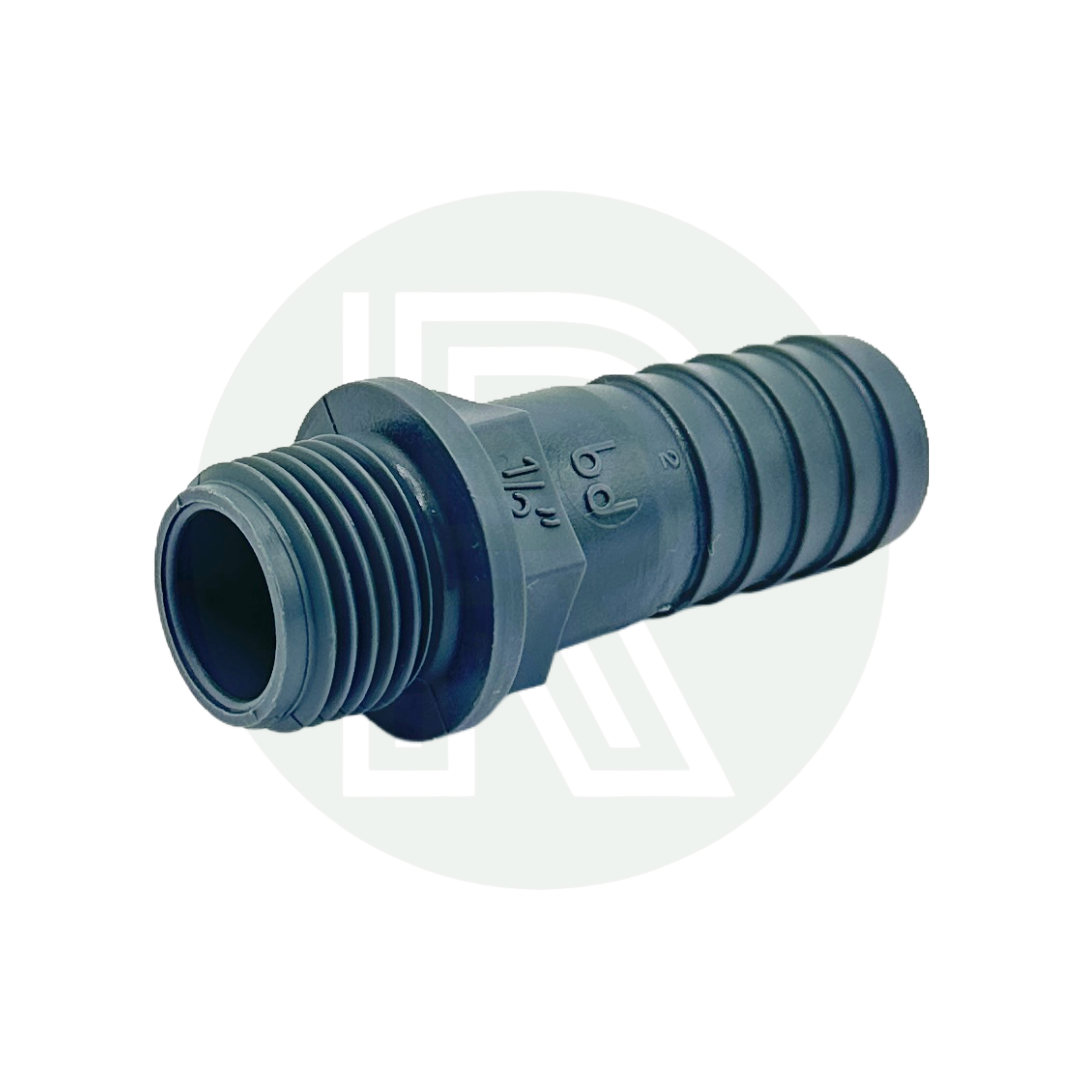 1/2" BSP male x 20mm male barbed hosetail fitting suitable for plumbing and water tank installations.