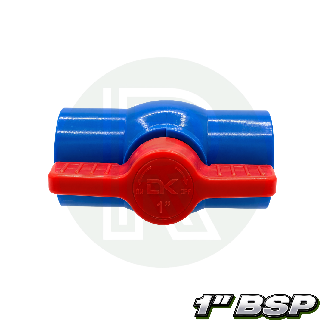 Blue 1 inch BSP 32mm threaded PVC isolation ball valve with red lever handle side view