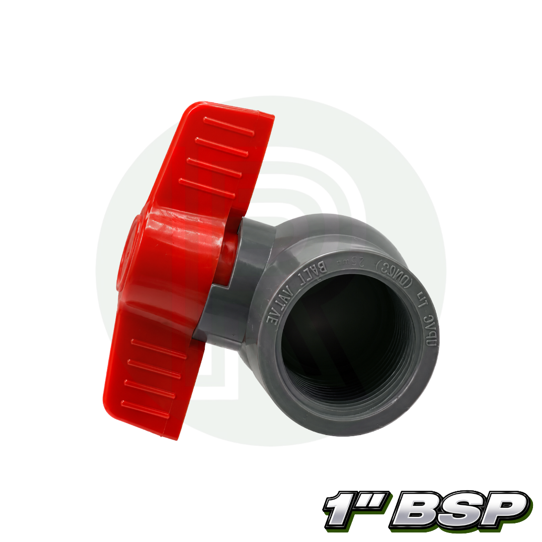 1 inch BSP 32mm grey threaded PVC isolation ball valve with red handle for plumbing and water systems