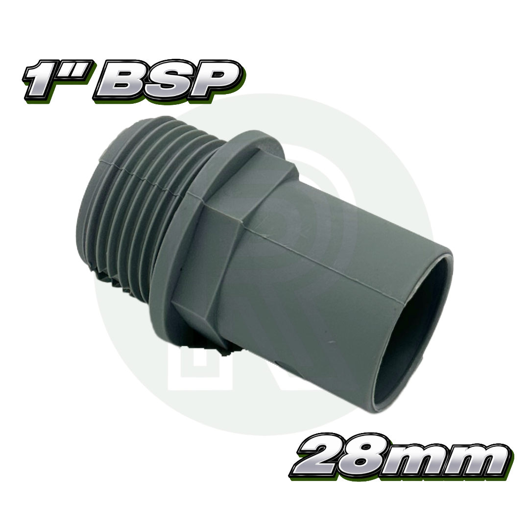 Grey 1 inch BSP male threaded adaptor with 28mm female rigid waste pipe connection