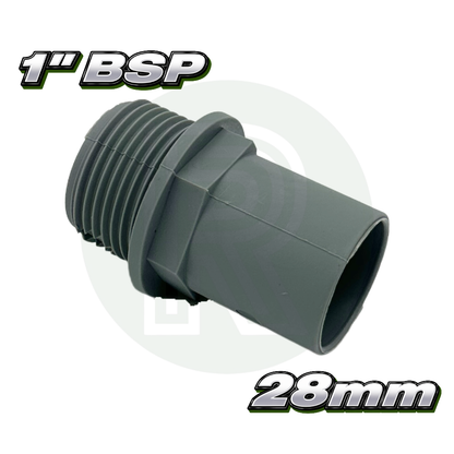 Grey 1 inch BSP male threaded adaptor with 28mm female rigid waste pipe connection