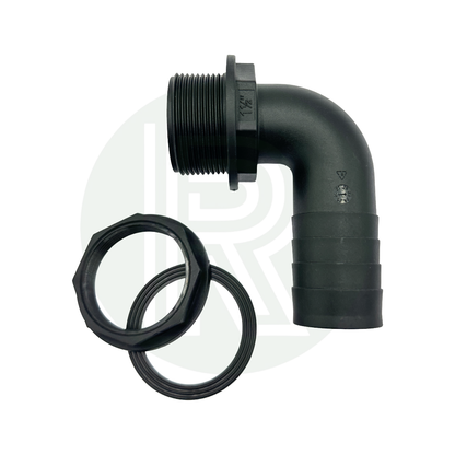 1 1/2 inch BSP to 40mm hose tail elbow water tank fitting with nut and washer