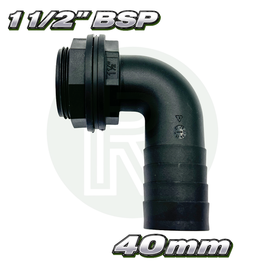 1 1/2 inch BSP 40mm hose tail elbow water tank connector fitting black plastic