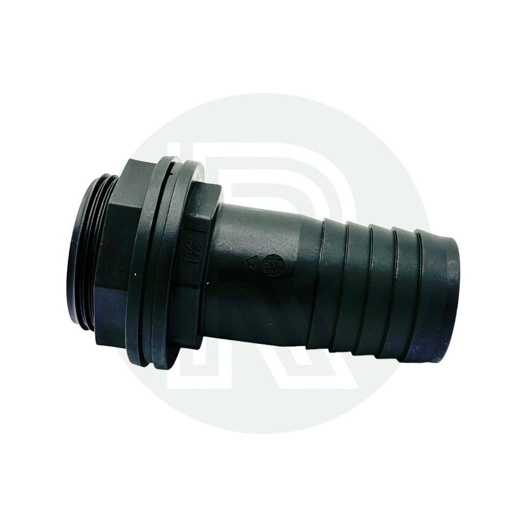 1 1/2 inch BSP to 40mm straight hose tail water tank connector black plastic