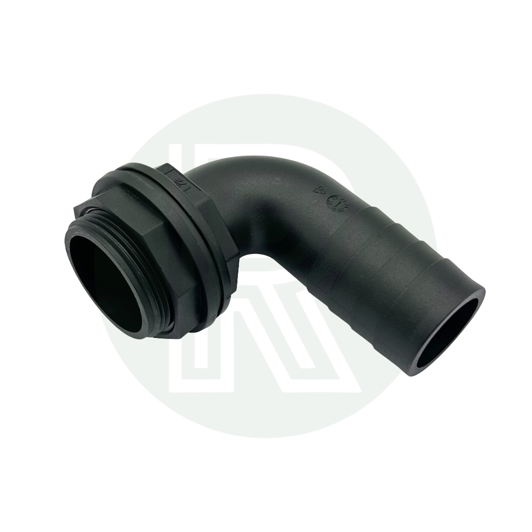 1 1/2 inch BSP to 40mm hose tail elbow water tank outlet fitting black plastic