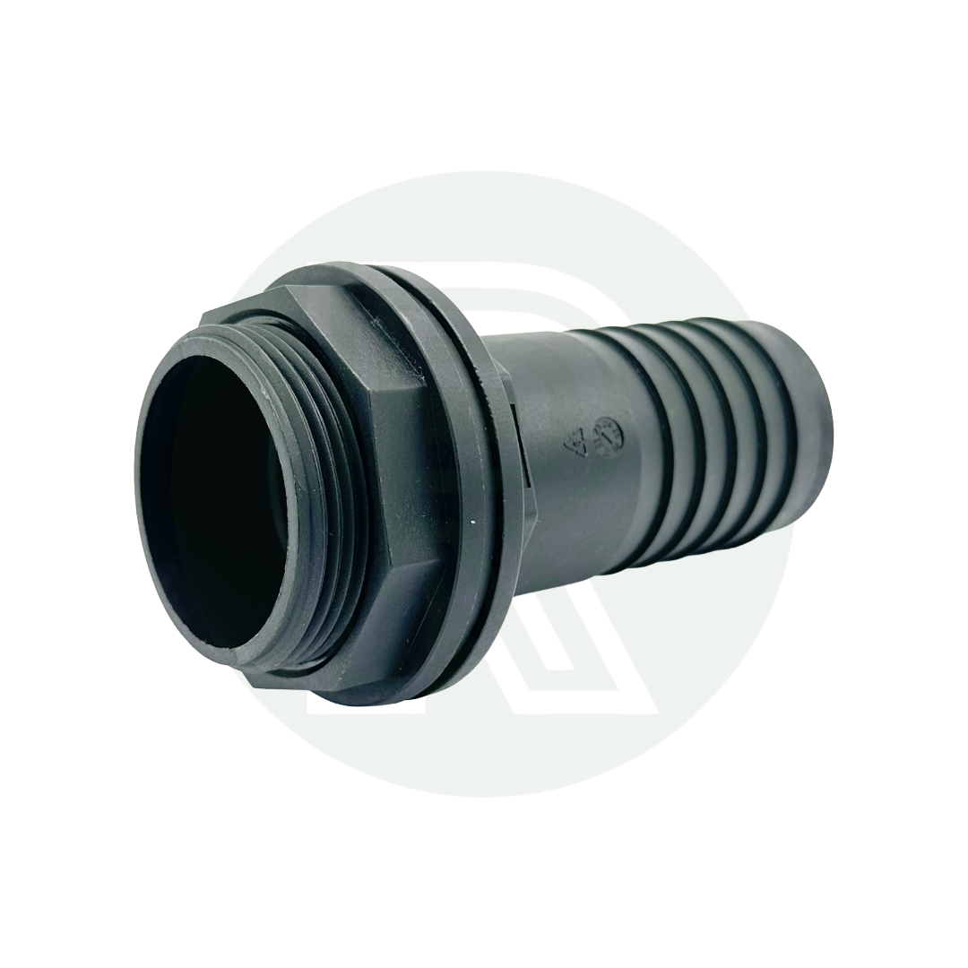 1 1/2 inch BSP to 40mm hose tail tank fitting black plastic straight connector