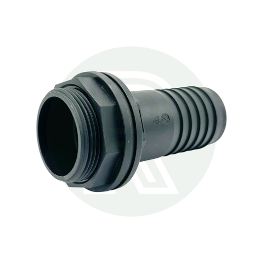 1 1/2 inch BSP to 40mm hose tail tank fitting black plastic straight connector