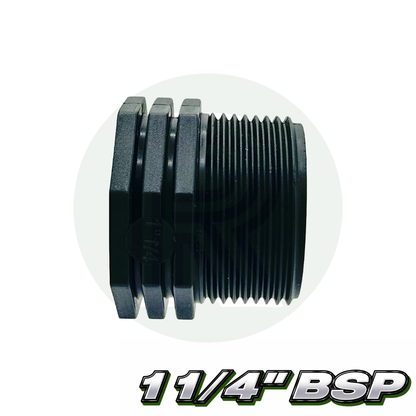1¼” BSP male black polypropylene blanking plug for sealing threaded tank and plumbing connections.