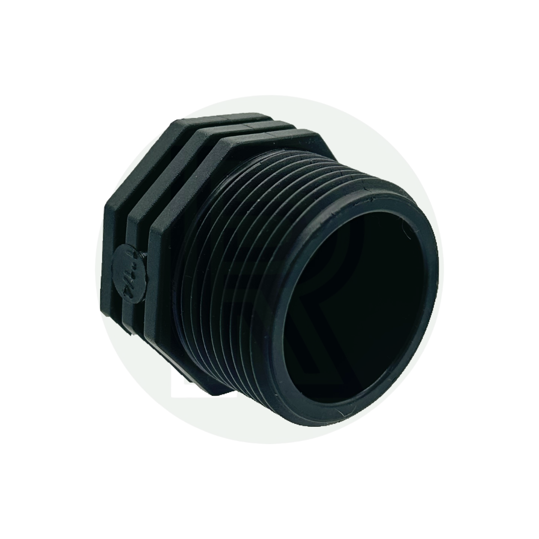 Black threaded bung plug with 1 1/4-inch BSP male thread used to cap or seal tank outlets and plumbing fittings.