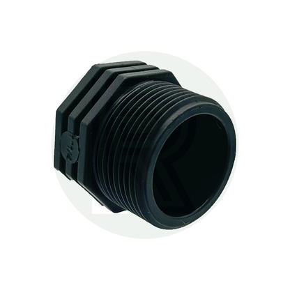 Black threaded bung plug with 1 1/4-inch BSP male thread used to cap or seal tank outlets and plumbing fittings.