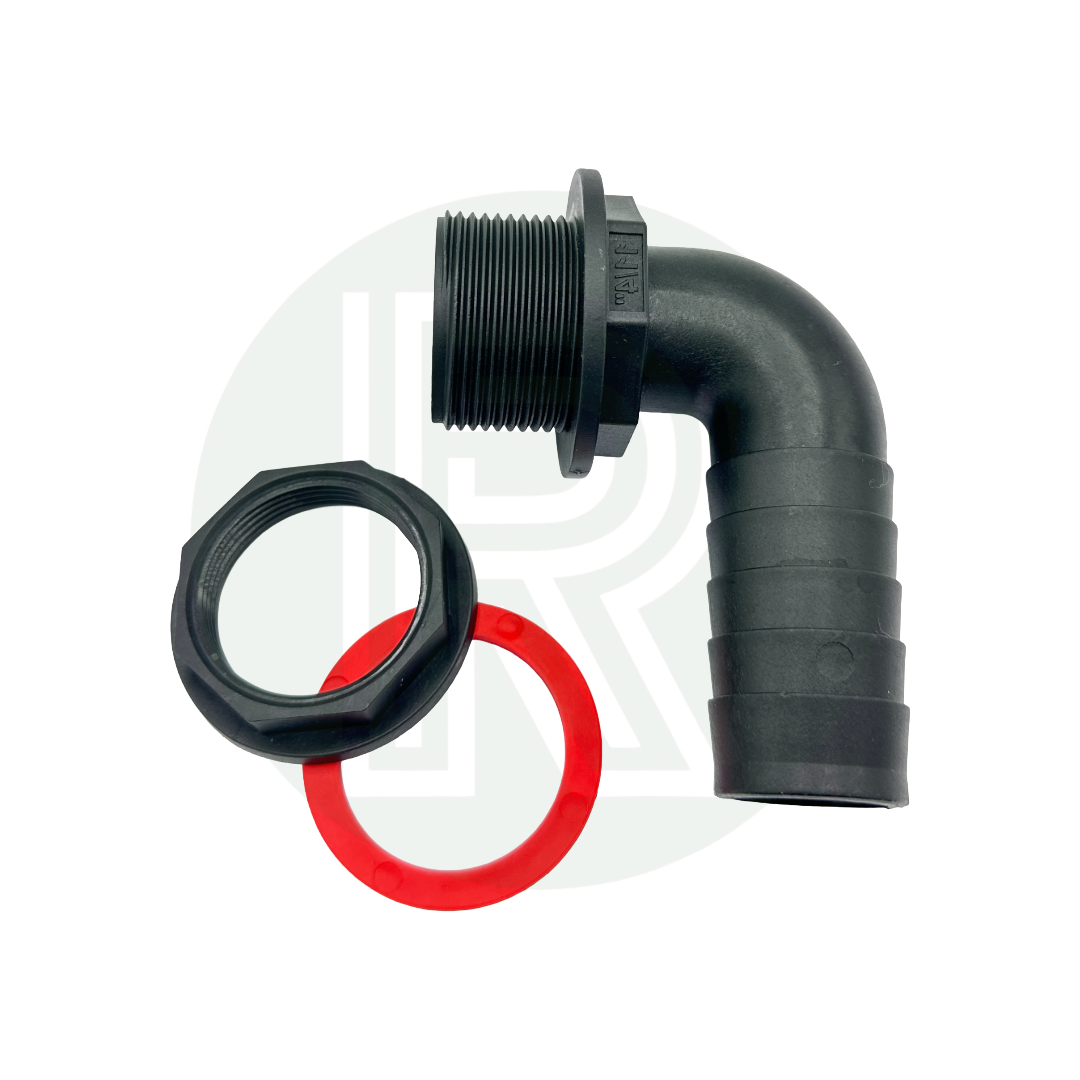 1 1/4 inch BSP to 32mm hose tail elbow with nut and washer for water tank
