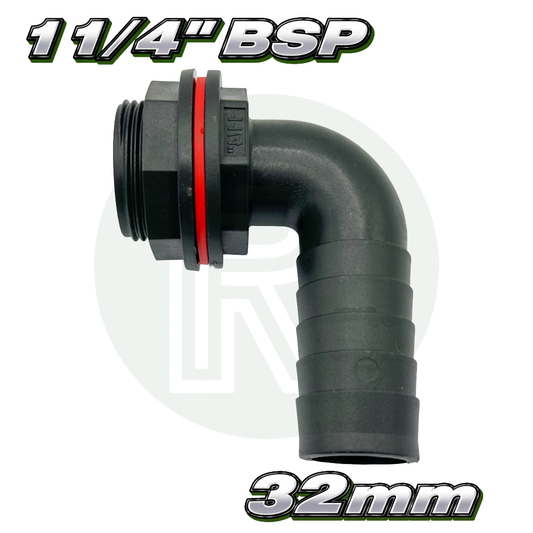 1 1/4 inch BSP 32mm hose tail elbow water tank connector fitting black plastic