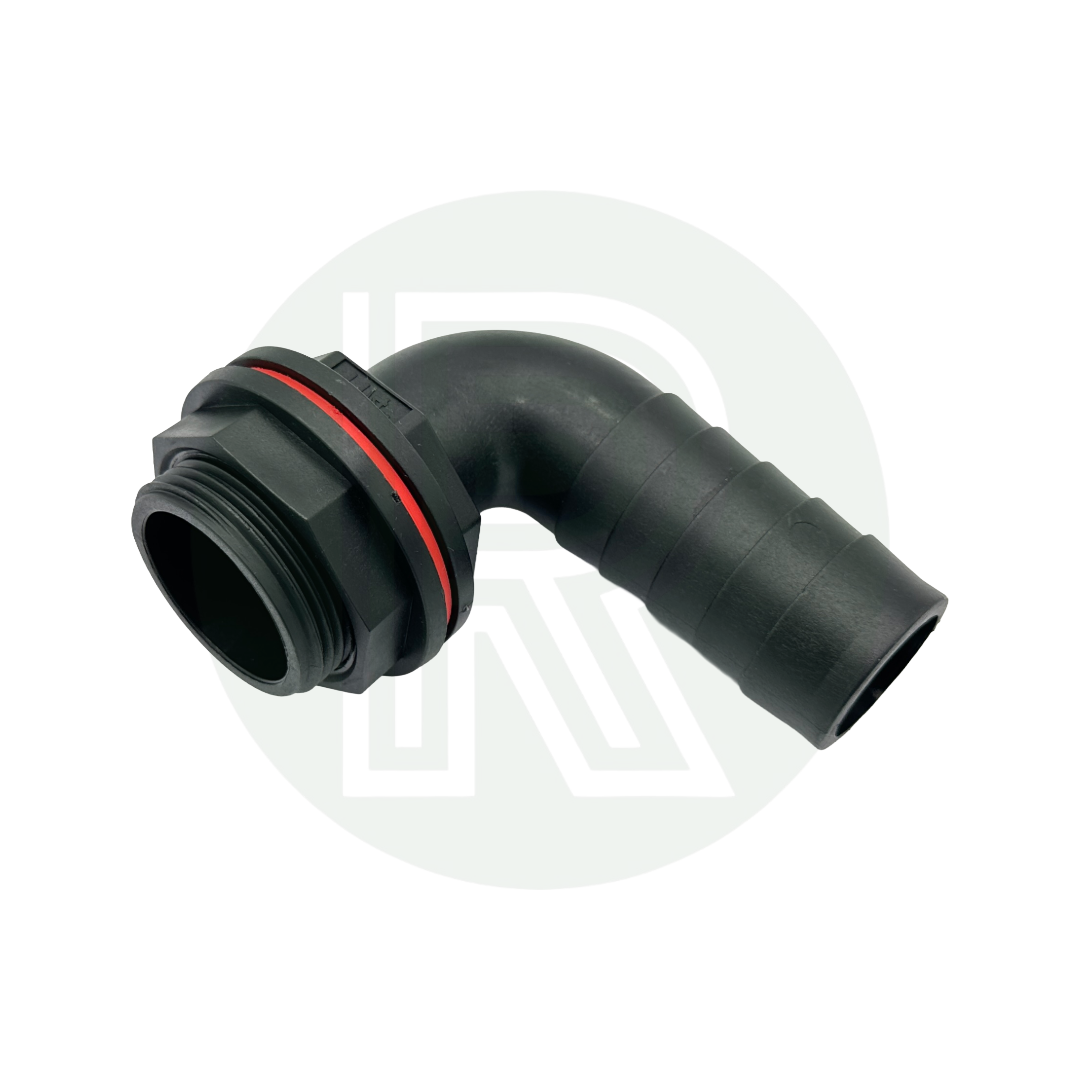 1 1/4 inch BSP to 32mm hose tail elbow water tank fitting with red sealing ring