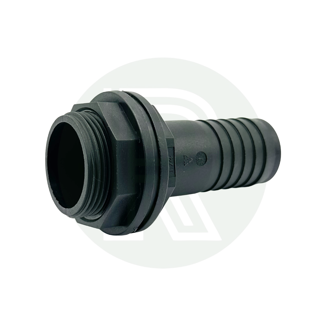 1 1/4 inch BSP to 32mm hose tail straight water tank connector black plastic