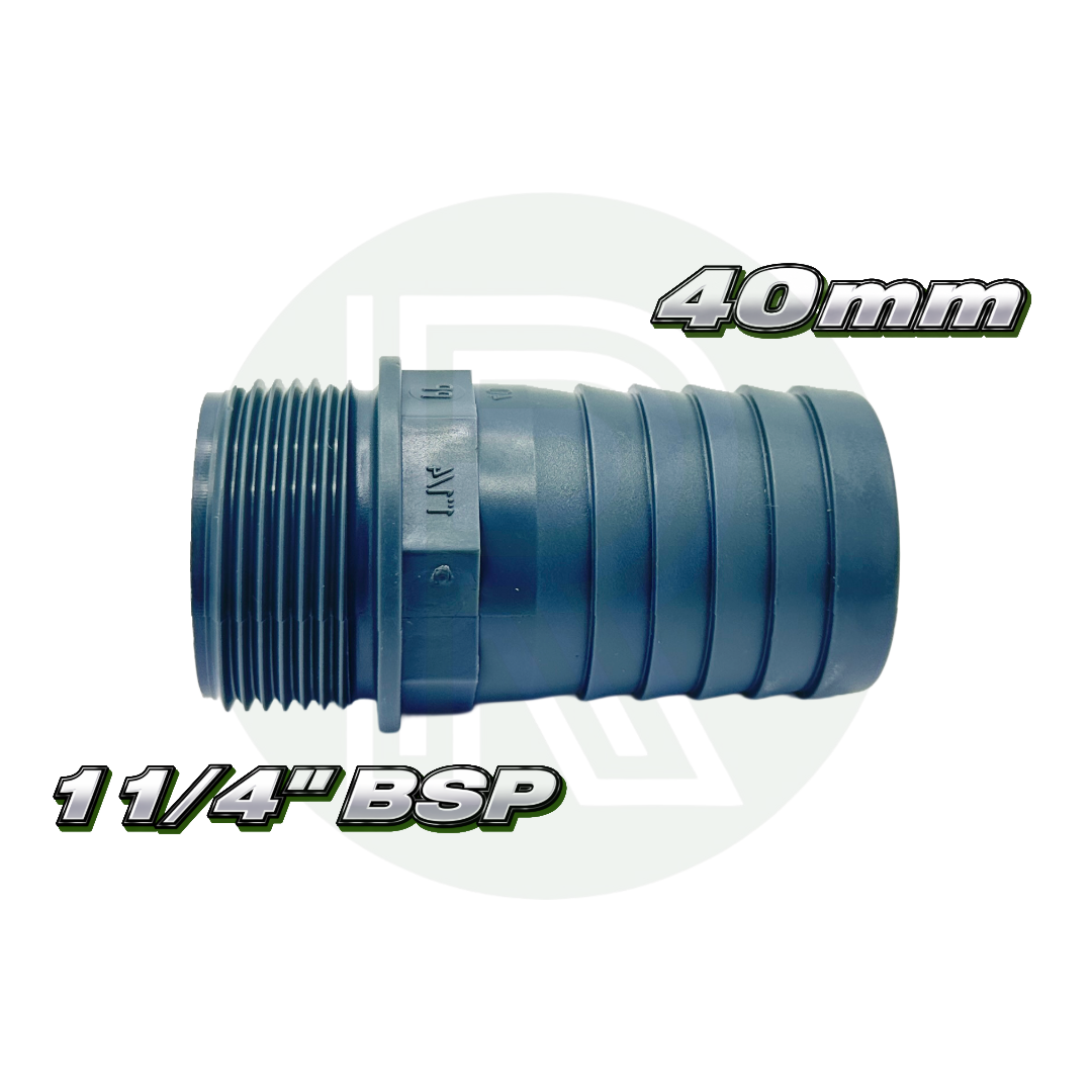 1¼” BSP male threaded to 40mm barbed hosetail adapter made from durable grey plastic.