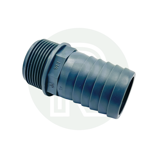 1¼-inch BSP male to 40mm male grey barbed hosetail fitting for Ducato, Relay, and Boxer underslung water tanks.