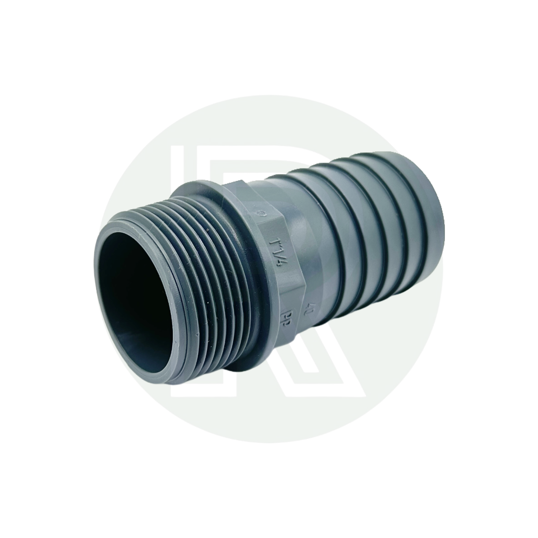 Grey plastic hosetail connector featuring a 1 1/4-inch BSP male thread and 40mm barbed hose fitting for water and plumbing systems.