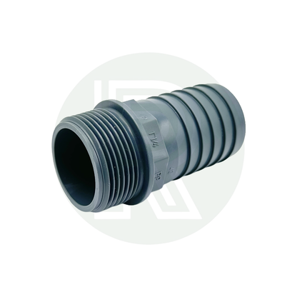 Grey plastic hosetail connector featuring a 1 1/4-inch BSP male thread and 40mm barbed hose fitting for water and plumbing systems.