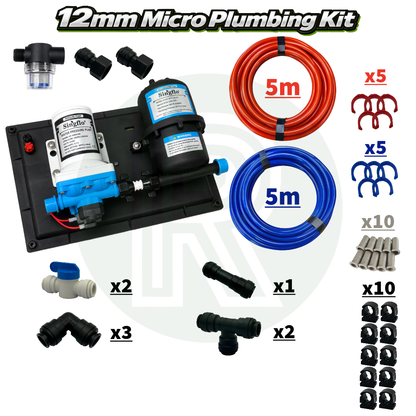 Micro - 12v 10ltr 30psi Pre-Mounted Water Pump & 12mm Plumbing Kit