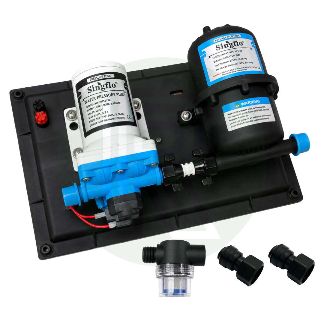 XL - 12v 10ltr 30psi Pre-Mounted Water Pump & 12mm Plumbing Kit