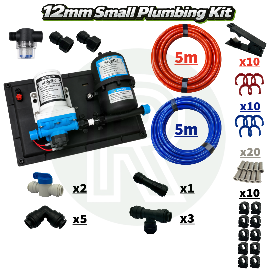 Small - 12v 10ltr 30psi Pre-Mounted Water Pump & 12mm Plumbing Kit