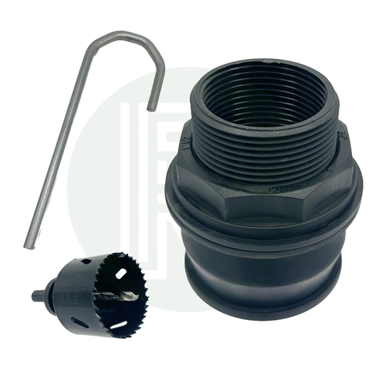 1 1/2 inch Kwiq tank fitting kit with hole saw drill bit and installation spanner bulkhead water tank connector