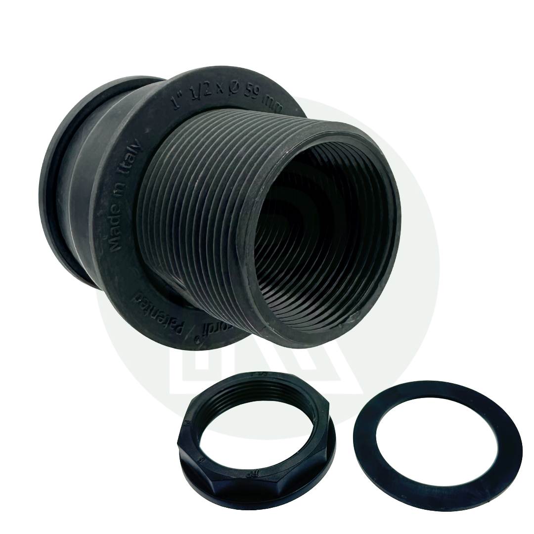 1.5 inch Kwiq tank bulkhead fitting with rubber seals and lock nut water tank connector