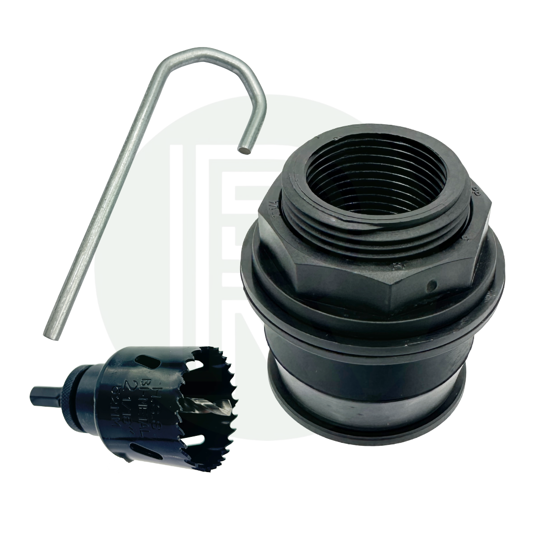 1 1/4 inch Kwiq tank fitting kit with hole saw drill bit and installation spanner bulkhead water tank connector
